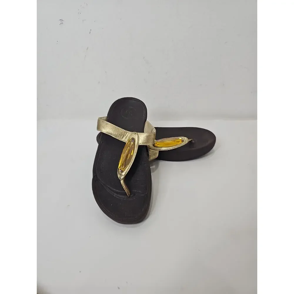 FitFlop Lulu Crystal Embellished Thong Sandals Sz 6 Gold Comfort Flip Flops